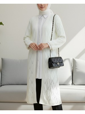 Baklava Desen Ajurlu Uzun Triko Hırka  -Krem