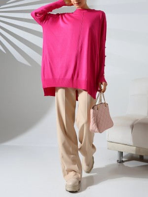 Düğme Detaylı Yarım Boğazlı Triko -Fuşya