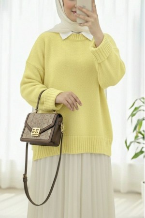 Crew Neck Skirted Ribbed Casual Knitwear Sweater       -Yellow