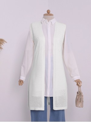 Openwork Pompom Araboy Knitwear Vest -Ecru