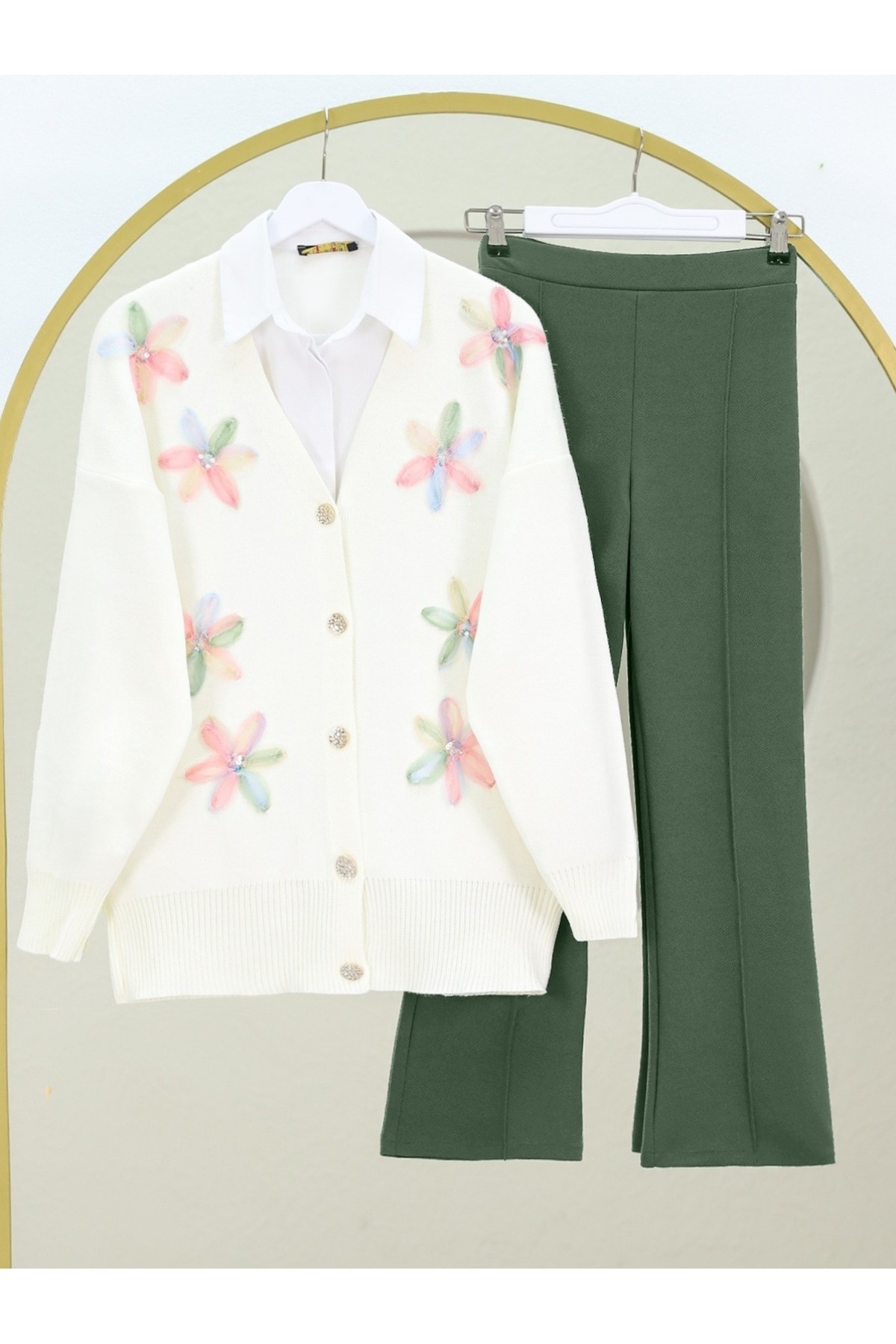 V Neck Organza Tulle Floral Embroidered Knitwear Cardigan -Powder