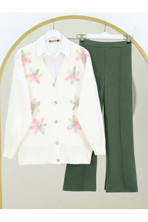 V Yaka Organze Tül Çiçek Nakışlı Triko Hırka -Pudra