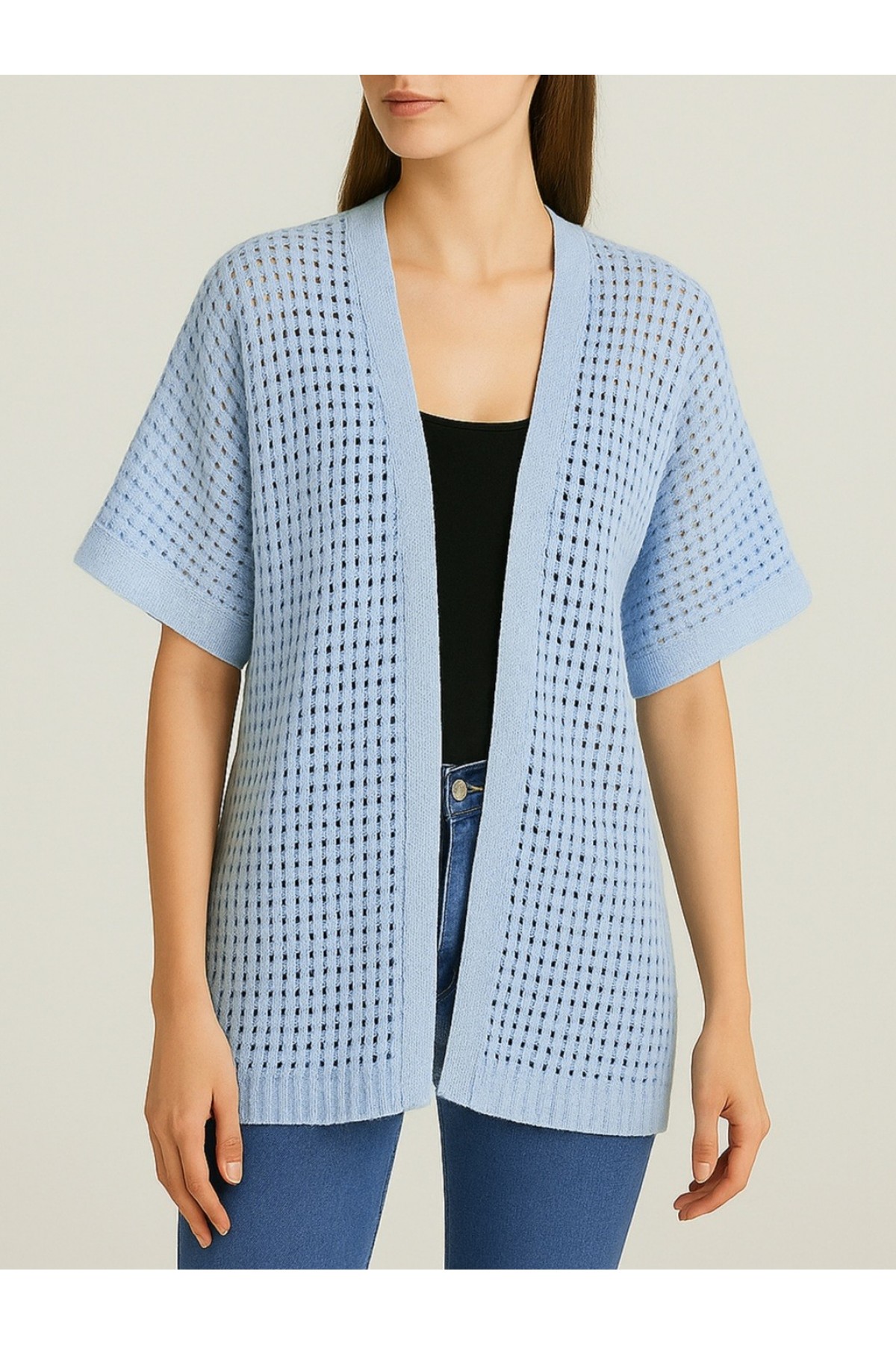 Bat Half Sleeve Openwork Knitwear Cardigan -Baby Blue