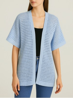 Yarasa Yarım Kol Ajurlu Triko Hırka -Bebe Mavi