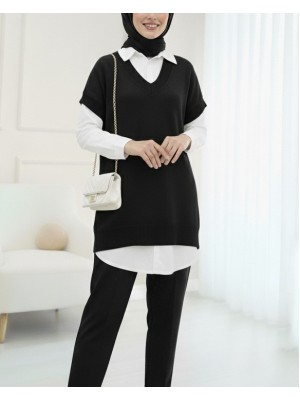 V Yaka Oversize Triko Süveter -Siyah