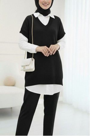 V Yaka Oversize Triko Süveter -Siyah