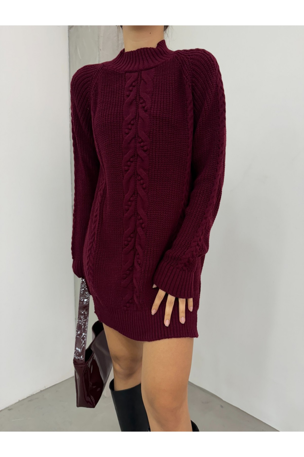 Saç Örgülü Ponponlu Triko Tunik -Bordo