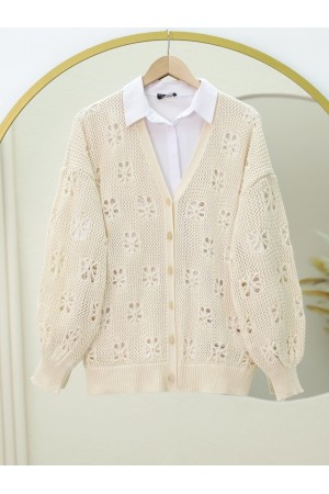 Buttoned Openwork Arabboy Knitwear Cardigan -Cream color