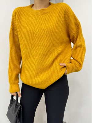 Diamond Pattern Crew Neck Knitwear Sweater -Mustard