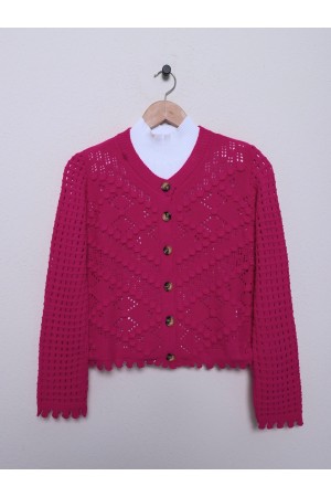 Ajurlu Kabartmalı Kemik Düğmeli Triko Hırka -Fuşya