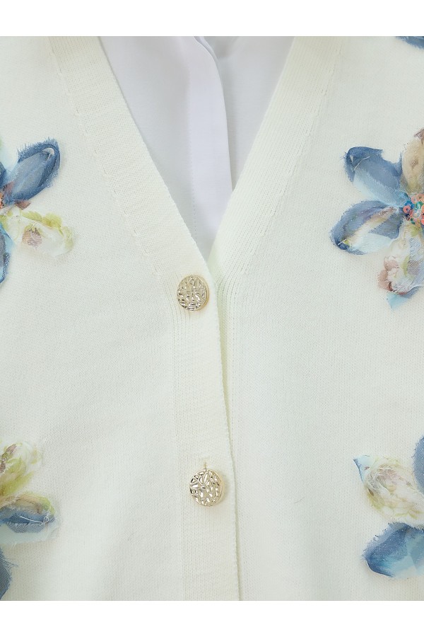 V Neck Organza Tulle Floral Embroidered Knitwear Cardigan -İndigo