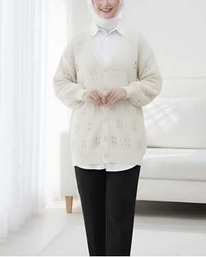 Buttoned Openwork Arabboy Knitwear Cardigan -Cream color