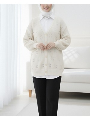 Düğmeli Ajurlu Araboy Triko Hırka -Krem