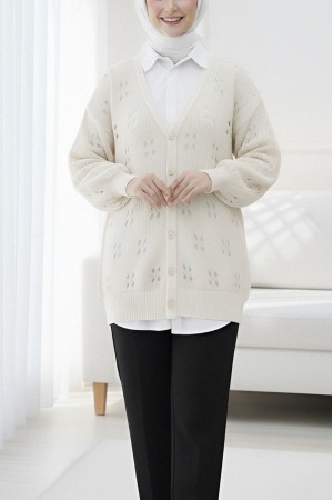 Buttoned Openwork Arabboy Knitwear Cardigan -Cream color