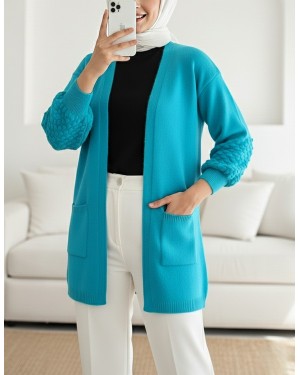 Balon Kol Kolu Ponponlu Cepli Hırka   -Turkuaz