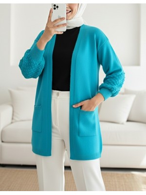 Balon Kol Kolu Ponponlu Cepli Hırka   -Turkuaz