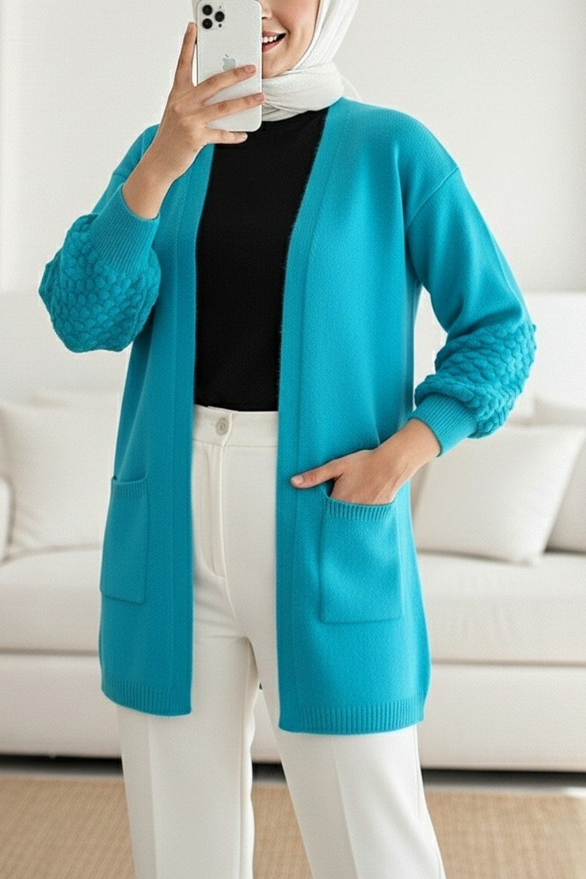 Balloon Sleeve Sleeve Pompom Pocket Cardigan   - Turquoise