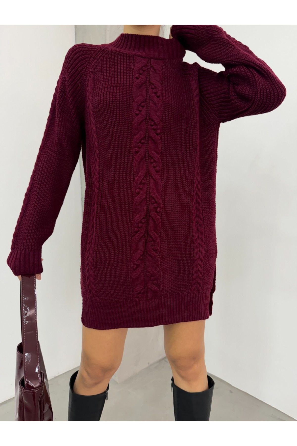Saç Örgülü Ponponlu Triko Tunik -Bordo