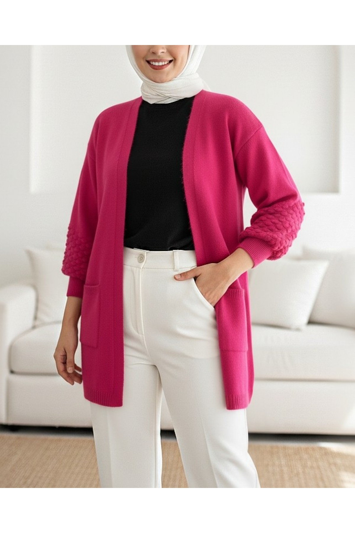 Balloon Sleeve Sleeve Pompom Pocket Cardigan   -Fuchsia