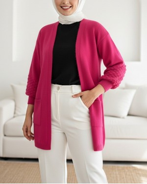 Balon Kol Kolu Ponponlu Cepli Hırka   -Fuşya