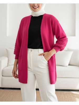 Balon Kol Kolu Ponponlu Cepli Hırka   -Fuşya