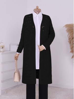 Ajurlu Ara Boy Salaş Triko Hırka -Siyah