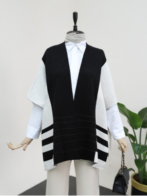  Yanı Yırtmaçlı Kısa Kol Triko Panço -Taş