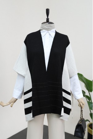  Yanı Yırtmaçlı Kısa Kol Triko Panço -Taş