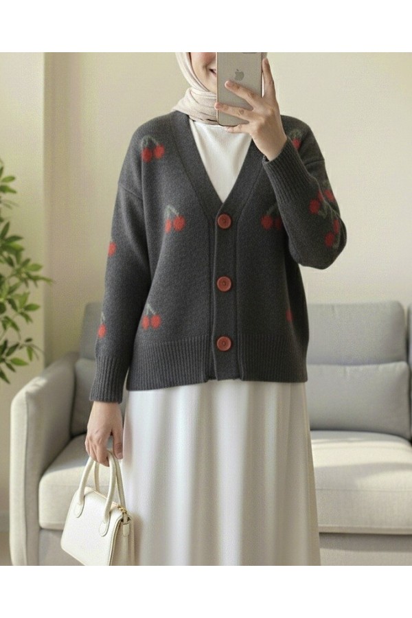 Cherry Patterned Short Cardigan   -Smoked 