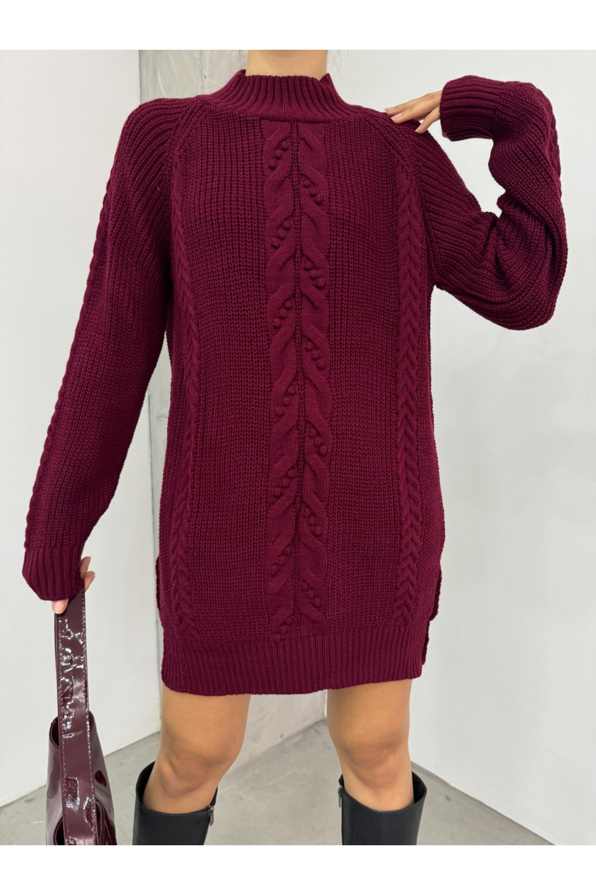 Saç Örgülü Ponponlu Triko Tunik -Bordo