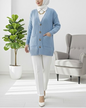 Double Pocket Soft Knitted Cardigan -Blue