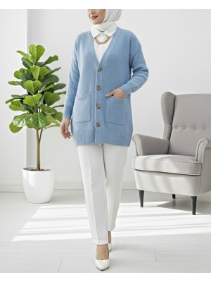 Double Pocket Soft Knitted Cardigan -Blue