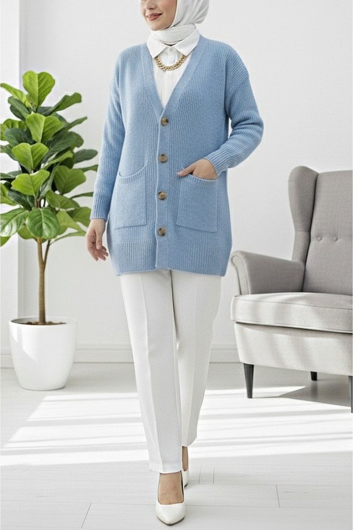 Double Pocket Soft Knitted Cardigan -Blue