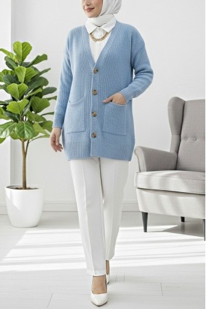 Double Pocket Soft Knitted Cardigan -Blue