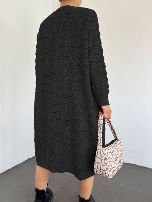 Ajurlu Ara Boy Salaş Triko Hırka -Siyah