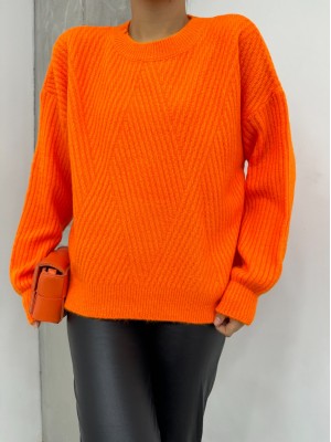 Baklava Desen Bisiklet Yaka Triko Kazak -Turuncu