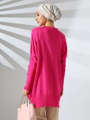 Düğme Detaylı Yarım Boğazlı Triko -Fuşya
