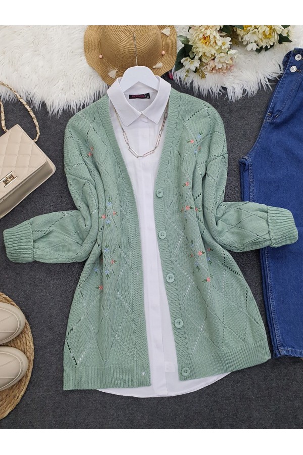 Openwork Floral Embroidered Buttoned Knitwear Cardigan -Mint Color