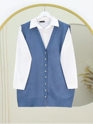 V Yaka Düğmeli Triko Yelek -İndigo