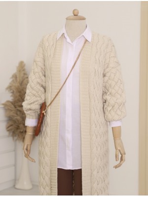 Saç Örgü Desen Uzun Hırka -Taş