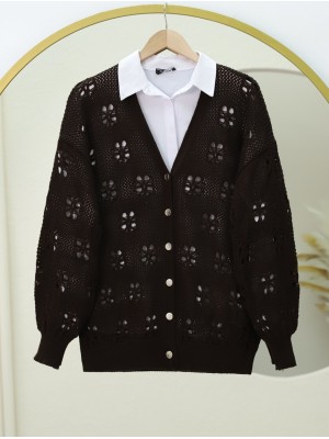 Düğmeli Ajurlu Araboy Triko Hırka -K. Kahve