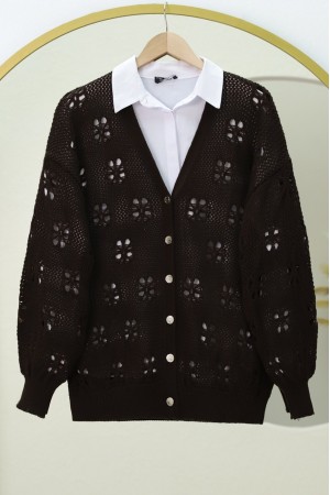 Düğmeli Ajurlu Araboy Triko Hırka -K. Kahve