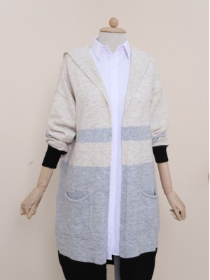 Simli Kapşonlu Triko Hırka -Gri