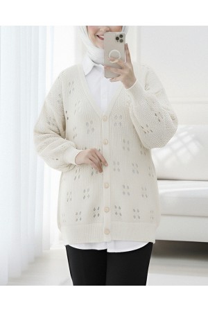 Buttoned Openwork Arabboy Knitwear Cardigan -Cream color