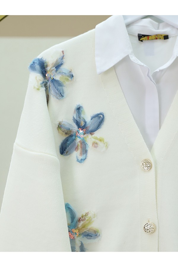 V Neck Organza Tulle Floral Embroidered Knitwear Cardigan -İndigo