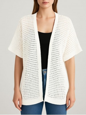 Yarasa Yarım Kol Ajurlu Triko Hırka -Beyaz