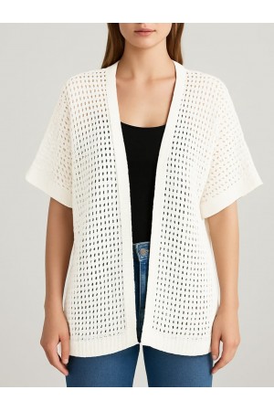 Yarasa Yarım Kol Ajurlu Triko Hırka -Beyaz