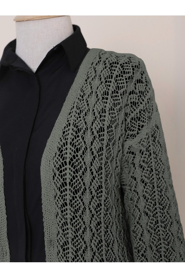 Half Sleeve Openwork Short Cardigan     -Khaki