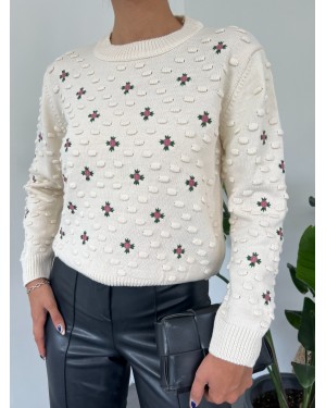 Front And Sleeves Pompom Knitwear Sweater -Cream color