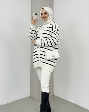 Striped Buttoned V   -Ecru